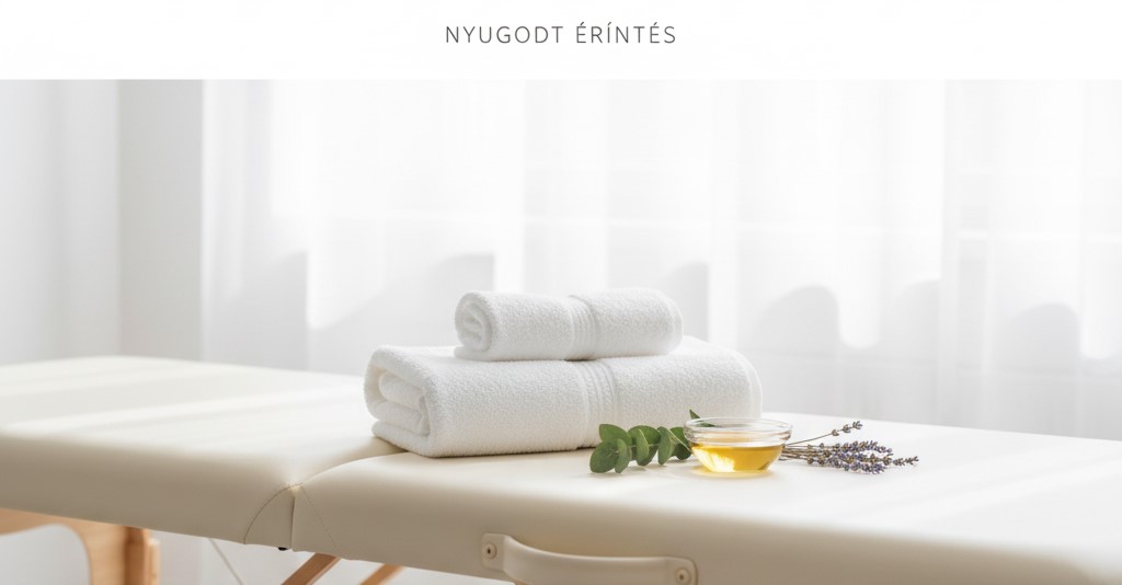 Fehér masszázságy tiszta törölközőkkel és illóolajjal egy világos és nyugodt kezelőhelyiségben